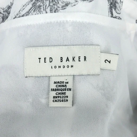 Ted Baker 2 Dress Womens 6 White Black Floral Ruffles Chiffon Tie Waist Lined - Picture 3 of 16